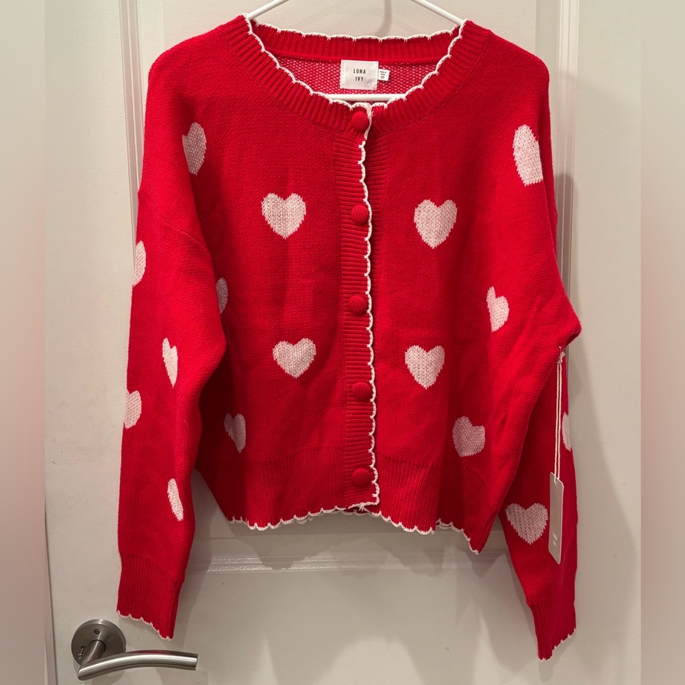 NWT Luna Ivy Red Heart Pattern Cardigan Sweater - S
